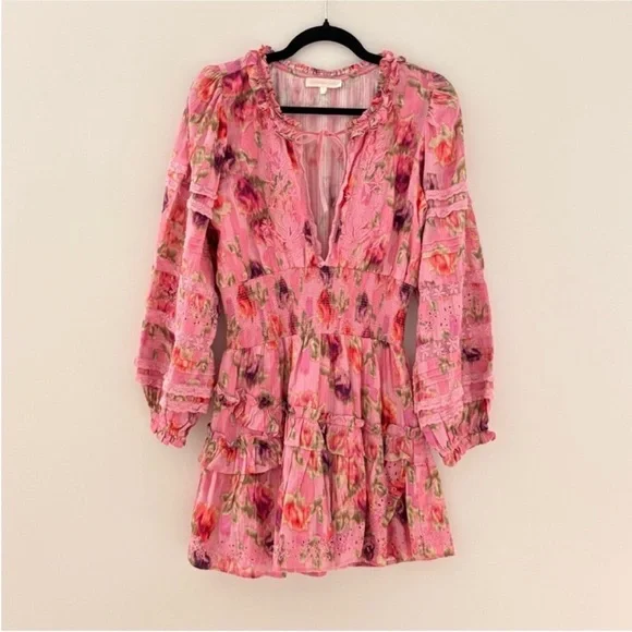 LoveShackFancy Pink Floral Tiered Midi Dress - Picture 6 of 15